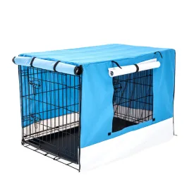 Wire Dog Cage Foldable Crate Kennel 42in with Tray   Blue Cover Combo