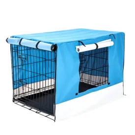 Wire Dog Cage Foldable Crate Kennel 48in with Tray   Blue Cover Combo
