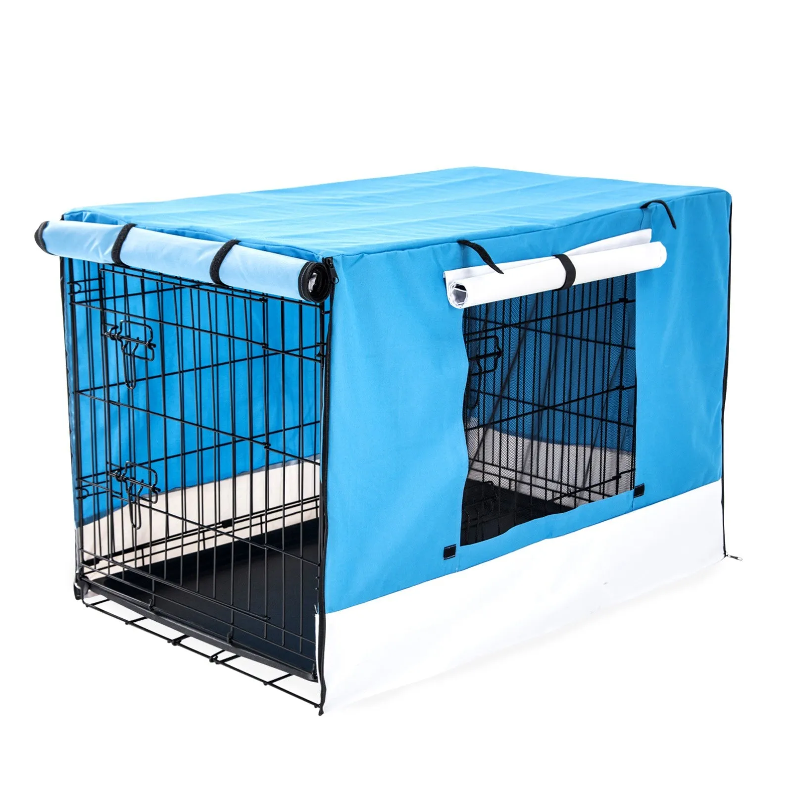 Wire Dog Cage Foldable Crate Kennel 48in with Tray   Blue Cover Combo
