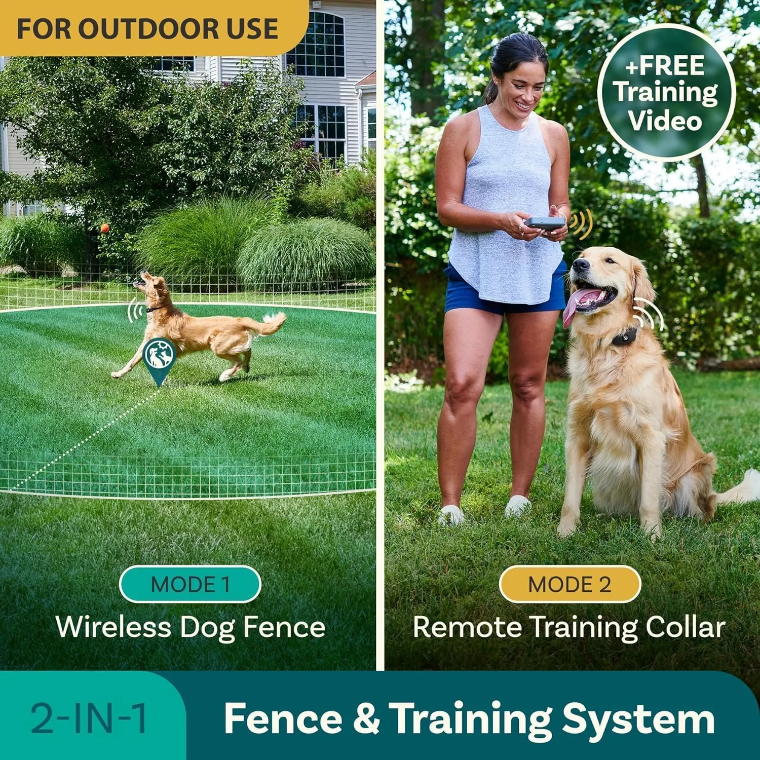 Wireless Dog Fence & Remote Training Collar, 2.4GHz Non-GPS Fence for Dogs Wireless, 2 in 1 Dog Fence Wireless System for 2 Dogs Electric Fence Buzz, Noise, Vibration