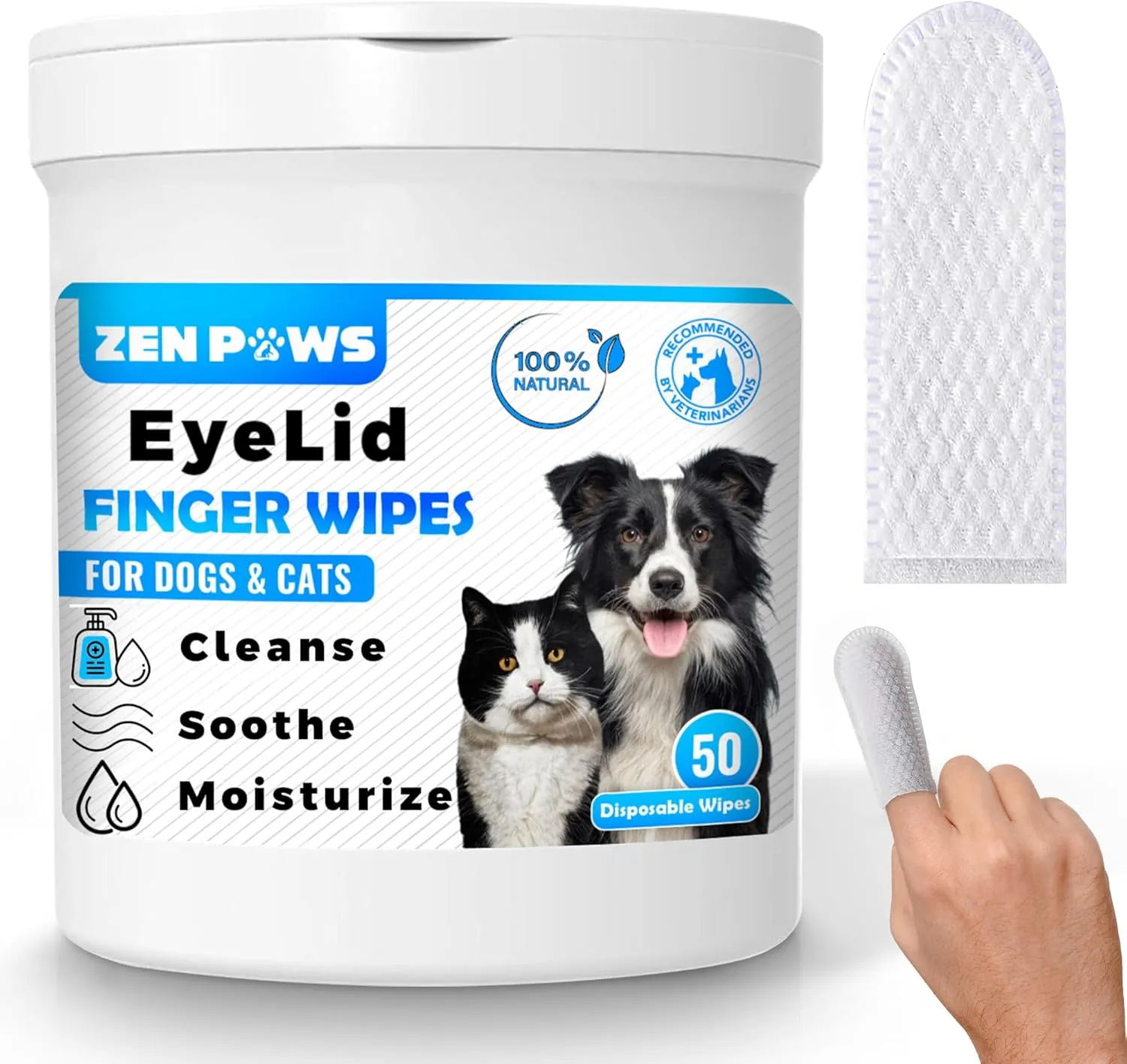 Zenpaws Cat & Dog Eye Wipes  Easy to Use 50 Finger Wipes  Gently Remove Tear Stains, Eye Discharge, Discharge, Mucus Secretions. Treats Inflammation & Itchiness